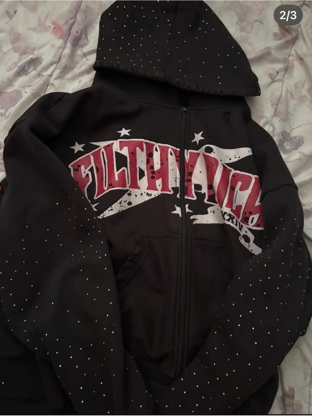 Black Zip Hoodie with Red and White Graphic and Rhinestones